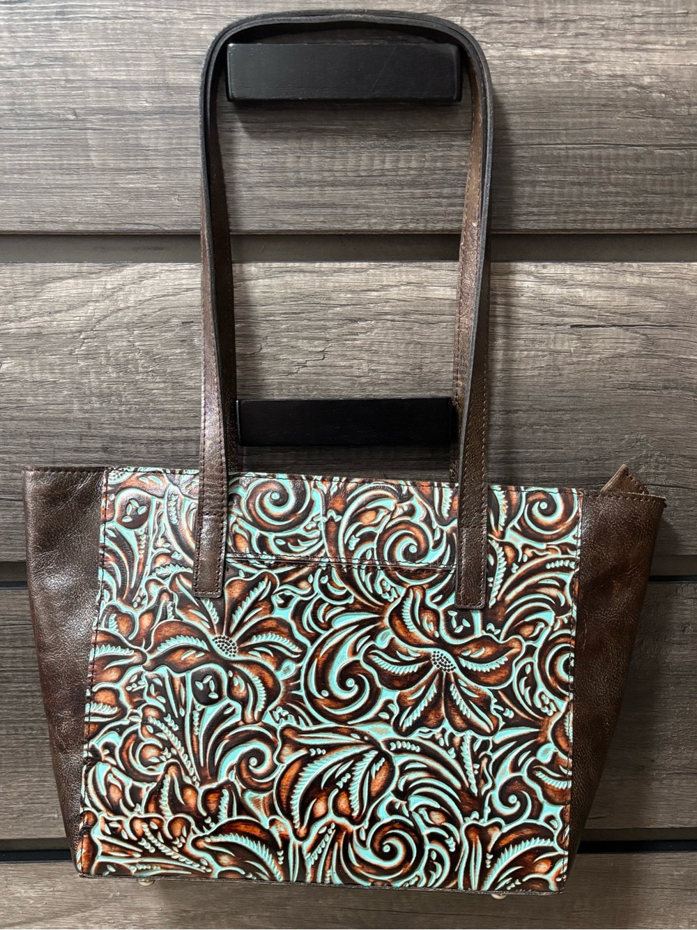 Patricia Nash Brown and Turquoise Tooled Floral Tote - Picture 5 of 10